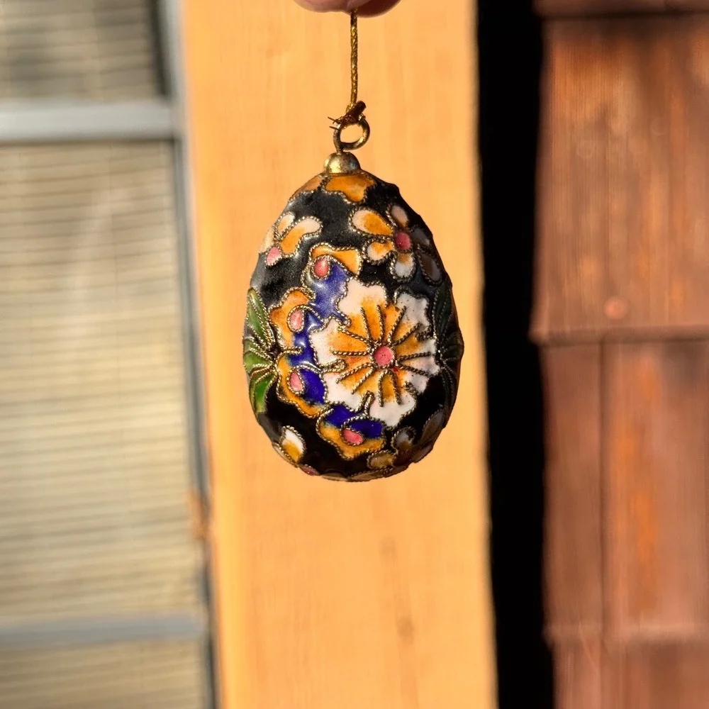Cloisonne Egg Ornament Floral Black‎ Multicolor Christmas Holiday Decor